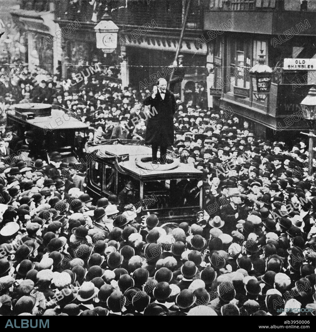 'In the General Election he was defeated at Manchester, but was returned for Dundee', 1908, (1945). Sir Winston Churchill standing on a tram as he speaks to the public during the North West Manchester election campaign in 1908. From Winston Churchill: His Life in Pictures, by Ben Tucker. [Sagall Press, Ltd., London, 1945].
