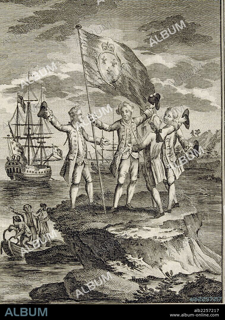HISTORIA FRANCIA. SIGLO XVIII. LOUIS ANTOINE DE BOUGAINVILLE. EXPLORADOR Y NAVEGANTE FRANCES. 1729 - 1811. BOUGAINVILLE ALZANDO LA BANDERA DE FRANCIA EN UNA ROCA DEL ESTRECHO DE MAGALLANES. GRABADO DE LA OBRA , VOYAGES AND TRAVELS. MUSEO NAVAL DE MADRID.