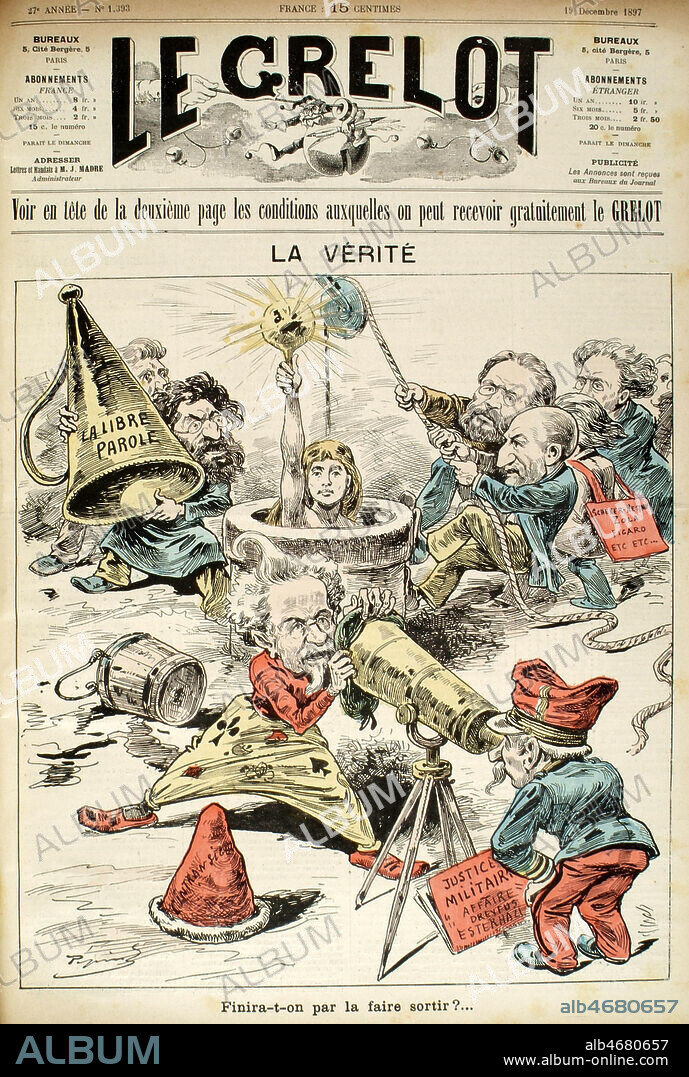 Caricature a propos de 'La Verite' sur l'affaire Dreyfus: Finira-t-on par la faire sortir? (Zola, Auguste Scheurer-Kestner et Le Figaro tentent de faire sortir (l'allegorie de) la verite du puits, alors que la justice et les antidreyfusards (Edouard Drumont et La Libre Parole ainsi que Henri Rochefort et L'Intransigeant) tentent de l'eteindre et de la cacher. Caricature par Edouard Guillaumin PEPIN (1842-?) ipour Le Grelot du 19 decembre 1897. Credit: Collection Kharbine-Tapabor.