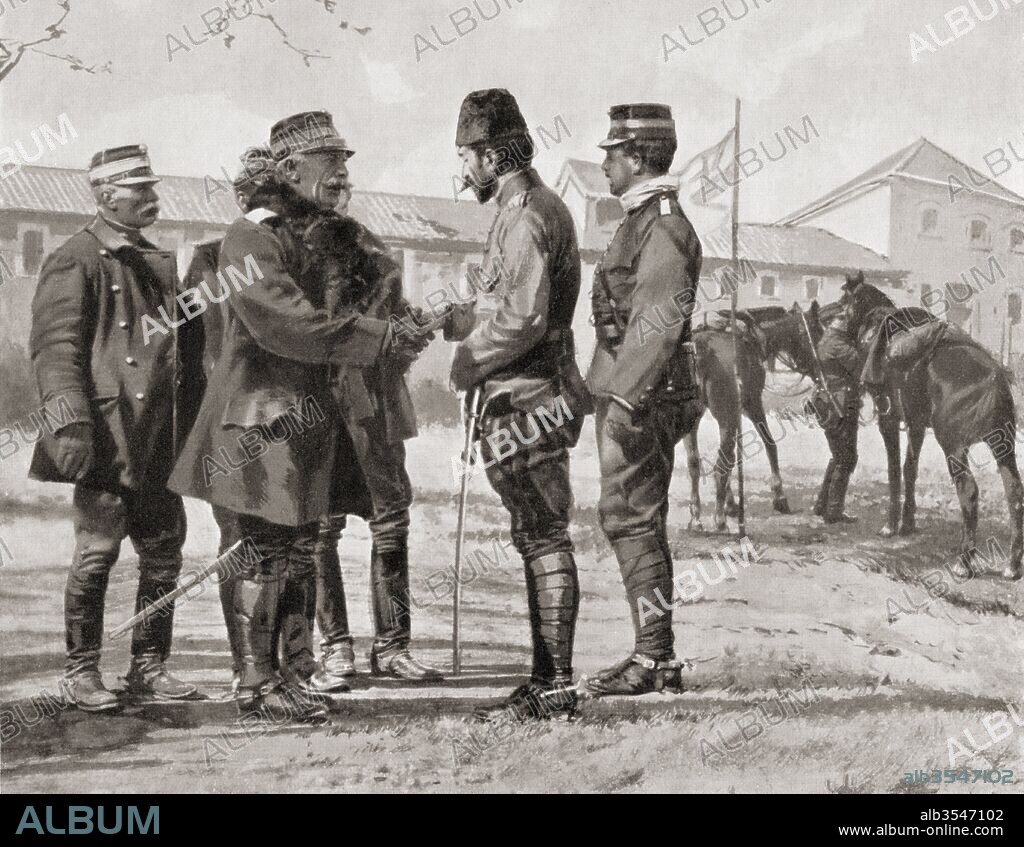 The surrender of Ioannina in 1913 by Essat Pasha to the Greek Crown Prince, future Constantine I, during the First Balkan War. From Hutchinson's History of the Nations, published 1915.