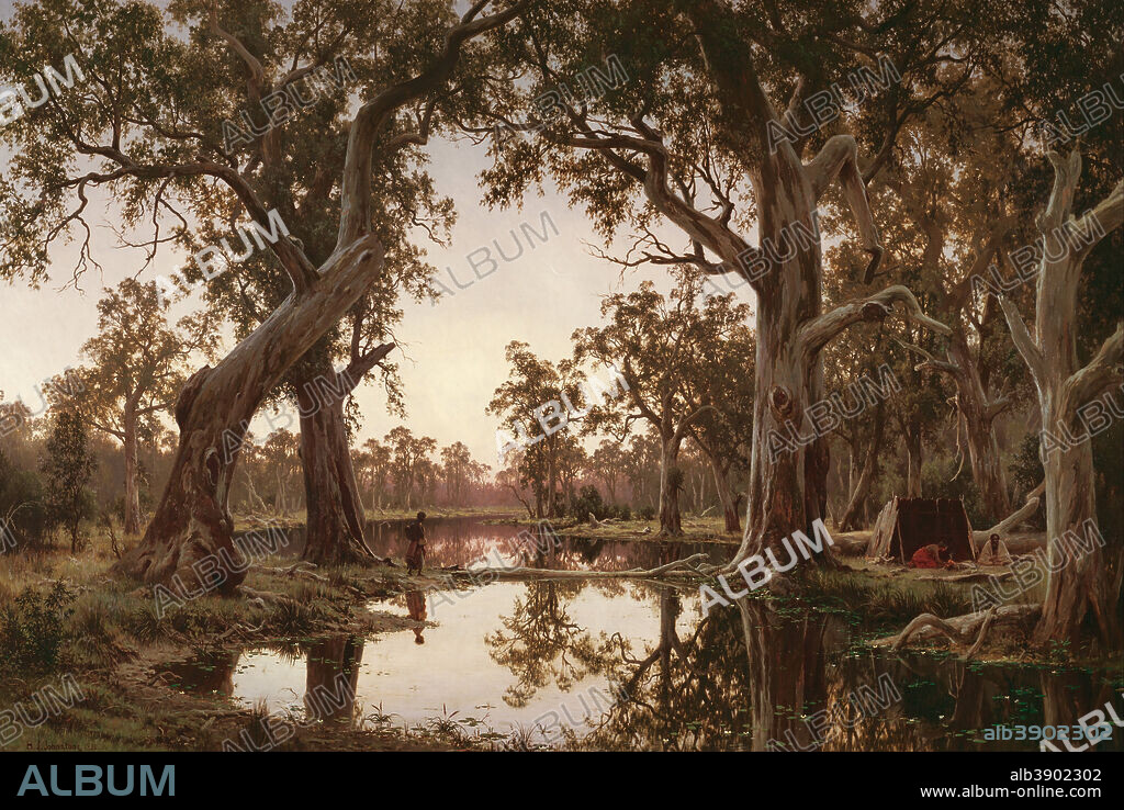 H J. JOHNSTONE. Evening shadows, backwater of the Murray, South Australia. Date/Period: 1880. Painting. Oil on canvas. Height: 120.60 mm (4.74 in); Width: 184.10 mm (7.24 in).