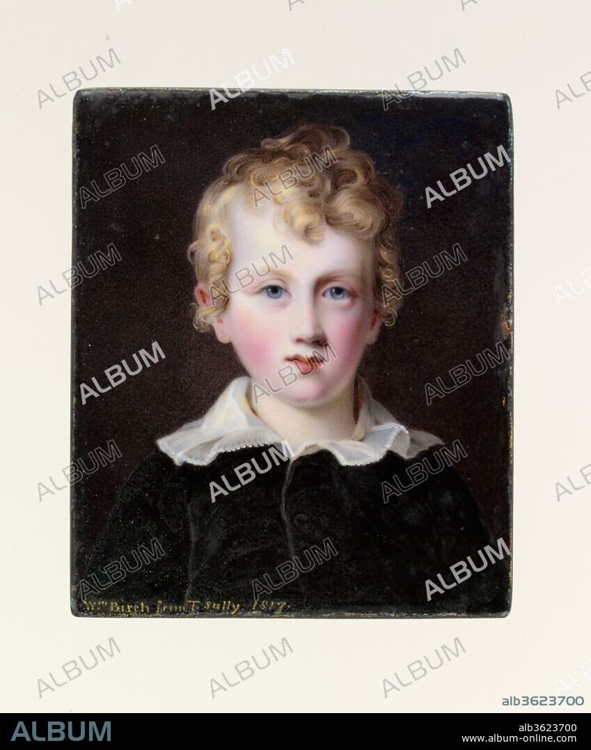 Brock Livingston Delaplaine. Artist: William Russell Birch (American (born England), Warwick 1755-1834 Philadelphia, Pennsylvania). Dimensions: Sight: 3 x 2 1/2 in. (7.6 x 6.4 cm). Date: 1817.
The sitter (1808-?) was the son of Joseph Delaplaine, a Philadelphia publisher, and Jane Ann Livingston.  Birch's portrait is based on Thomas Sully's of 1807 (location unknown).