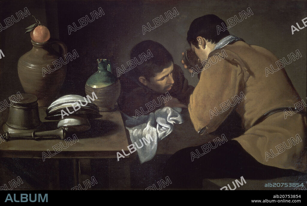 DIEGO VELAZQUEZ (1599-1660). DOS HOMBRES A LA MESA - 1616/1617 - OLEO/LIENZO - 645 x 104 cm - BARROCO ESPAÑOL -.