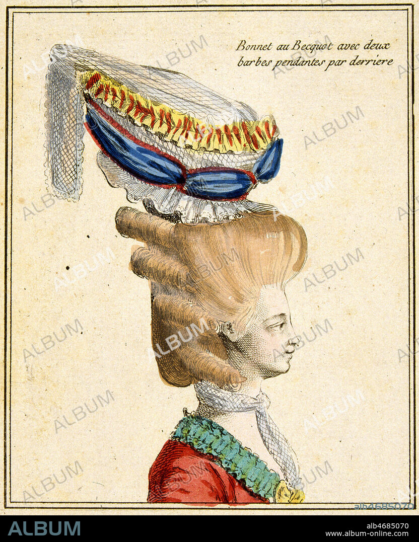Les coiffures de MARIE-ANTOINETTE (1755-1793) : Bonnet a becquet avec deux barbes. Gravure coloriee, vers 1780. (18e, 18eme, XVIIIe s.) Credit : JEAN VIGNE / KHARBINE-TAPABOR.