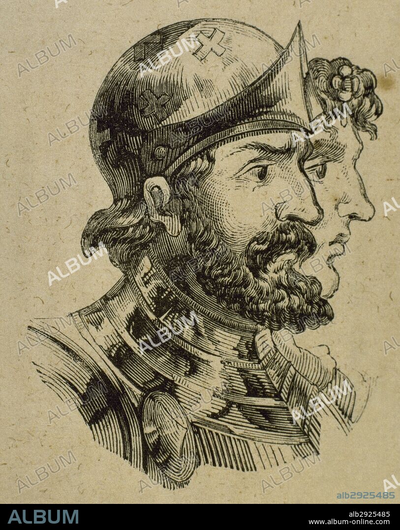 ALFONSO I "el Católico" (m.757). Rey de Asturias (739-757). Hijo de Pedro, duque visigodo de Cantabria. Casó con Ermesinda, hija del rey Pelayo de Asturias, y ambos núcleos de resistencia se unieron con dicho matrimonio. Alfonso fue propiamente el fundador del reino astur y el que inició la Reconquista. Grabado.