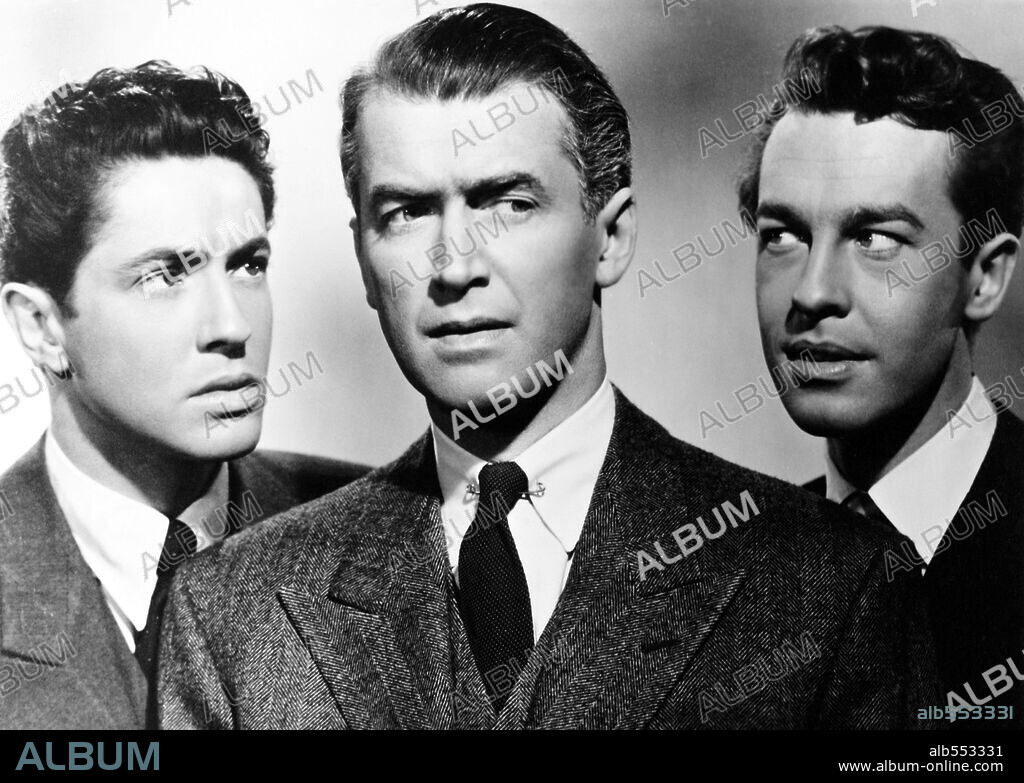 FARLEY GRANGER, JAMES STEWART and JOHN DALL in ROPE, 1948, directed by ALFRED HITCHCOCK. Copyright Warner Bros./Transatlantic Pictures.