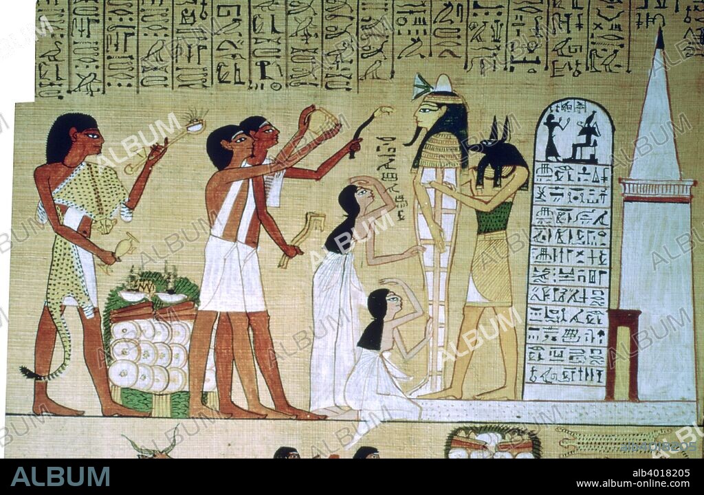 Page from the Book of the Dead of Hunefer, from Thebes, Egypt, 19th Dynasty, c1300 BC. The mummy of Hunefer is shown supported by the god  or a priest (wearing a jackal mask). Hunefer's wife and daughter mourn, and three priests perform rituals. The two priests with white sashes are carrying out the Opening of the Mouth ritual. The white building at the right is a representation of the tomb, complete with portal doorway and small pyramid. From the British Museum's collection.