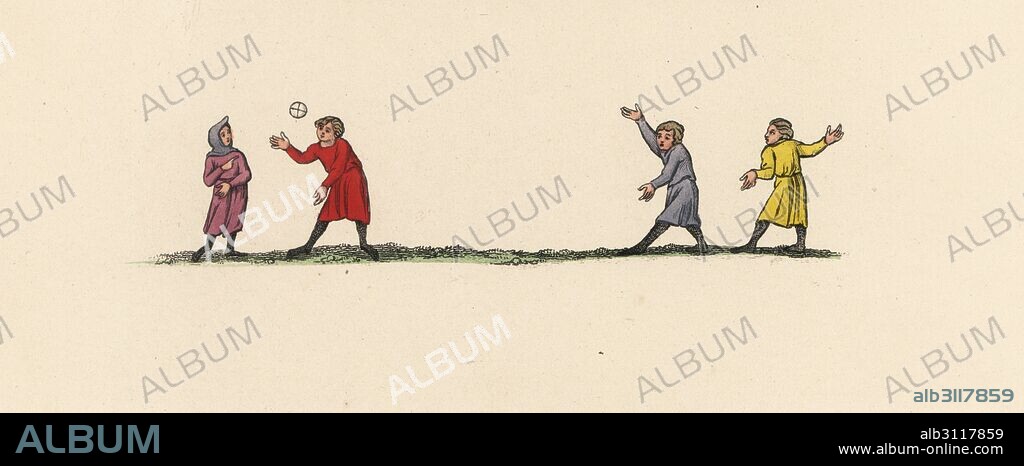 Two teams playing balloon ball, 14th century. Handcoloured lithograph by Joseph Strutt from his own Sports and Pastimes of the People of England, Chatto and Windus, London, 1876.