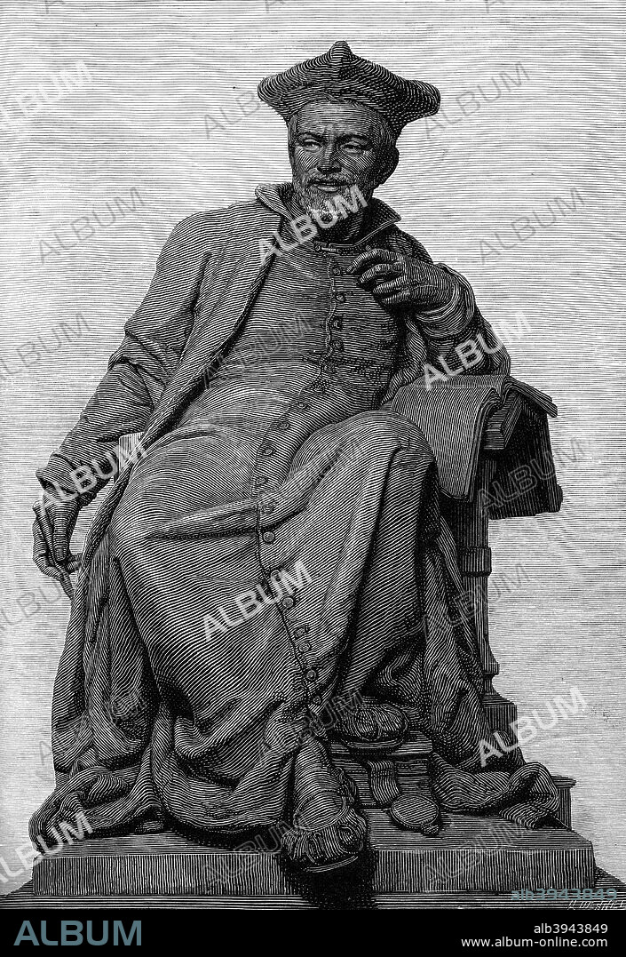 'Rabelais', 1882. Francois Rabelais (c1495-1553) was a French writer, satirist, humanist, doctor and monk. Born at Chinon in Touraine, he is best remembered as the author of the romance La Vie de Gargantua et de Pantagruel (The Life of Gargantua and of Pantagruel) which appeared in four volumes between 1532 and 1552. A fifth work appeared posthumously in 1554 but is of doubtful authenticity. These four comic novels tell the story of the giants Gargantua and Pantagruel. The style is coarse, ribald and exuberant, and the use of language imaginative. The English language owes two adjectives to Rabelais: Gargantuan - of tremendous size or volume, huge appetites and Rabelaisian - coarse, robust, bawdy humour. A print from The Magazine of Art Vol V, Cassell, Peter, Galpin and Company, Limited, 1882.