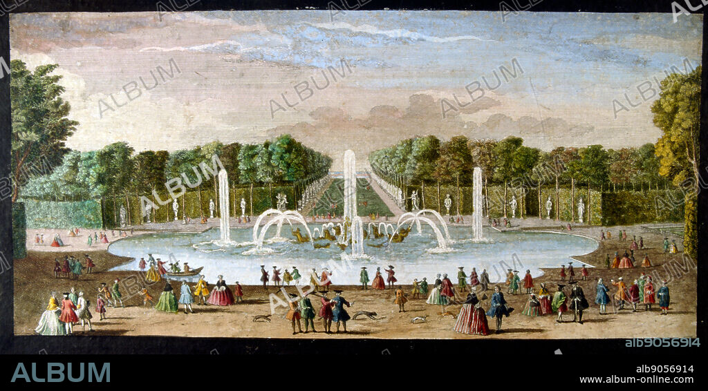 Illustration showing Le Bassin d'Apollon (The Apollon Pond), a fountain at the Palace of Versailles, France. Charles Le Brun designed the centrepiece depicting the Greek god Apollo rising from the sea in a four-horse chariot. A pond was dug on the site of the fountain in 1639 called "The Pond of the Swans". When King Louis XIV had it enlarged in 1671, the pond's east-west orientation and the common association of the King with Apollo prompted Le Brun to suggest dedicating the site to Apollo. The dawn theme was popular at the time and appears on some painted ceilings in European palaces. The fountain was constructed between 1668 and 1671.