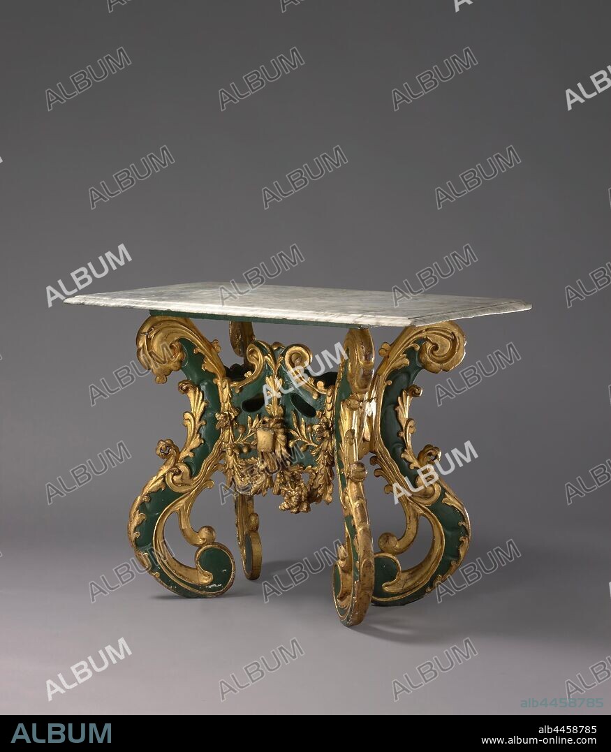 Table top of wall table, Marble table bath of table of painted walnut on four S-shaped legs placed at an angle, decorated with acanthus leaf and lobe ornament and connected by lines., anonymous, Netherlands, c. 1655 - c. 1675, marble (rock), w 107 cm × d 63 cm × h 2 cm × w 42 kg.