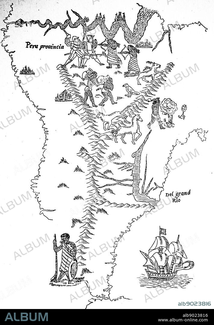 Peru and South America: woodcut based on a map of the world of 1544, usually attributed to Sebastian Cabot.