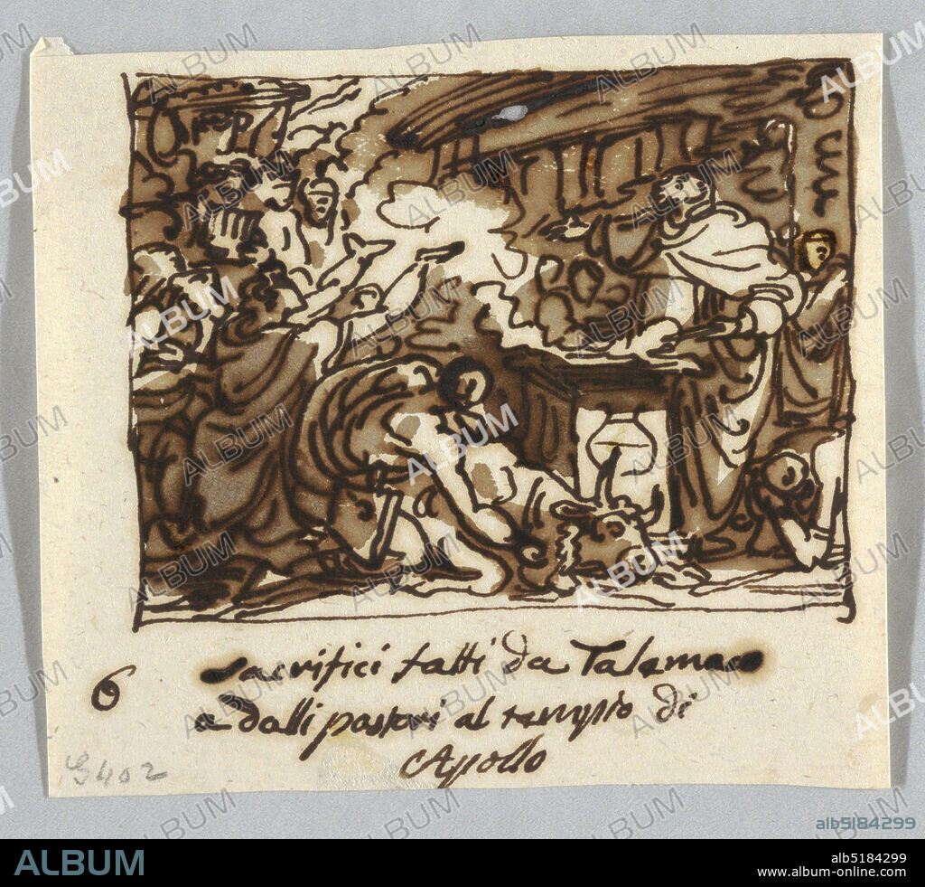 Telemachus and the sheperds sacrifice in the temple of Apollo, Felice Giani, Italian, 17581823, Pen and brown ink, brush and brown wash on cream laid paper, A priest standing at the altar implores the god. A bull lies beside the altar, killed by a kneeling man. Telemachus and the sheperds, kneeling or standing surroung the altar. A part of the temple front is shown in the rear., Caption: '6 sacrifici fatti da Talemaco/ a dolli pastori al tempio di/ Apollo.', Italy, ca. 1820, figures, Drawing, Drawing.