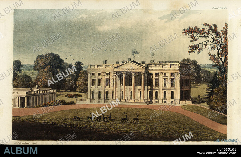Moor Park, Hertfordshire, the seat of Robert Williams, 1825. Built in the Palladian style by surveyor Sir James Thornhill from designs by Giacomo Leoni and gardens by Capability Brown. Handcoloured copperplate engraving after an illustration by T.H. Shepherd from Rudolph Ackermanns Repository of Arts, London, 1825.