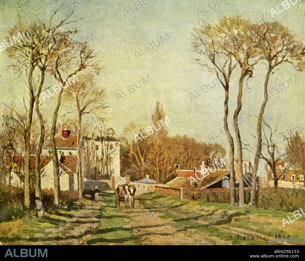 'The Entrance to a Village', 1872, (1939). The entrance to the village of Voisins near Louveciennes in northern France. Painting in the Musée d'Orsay, Paris. From "Camille Pissarro", by John Rewald. [Collins, London, 1939].