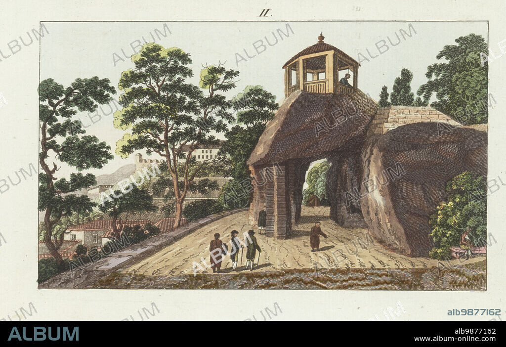 Camoes' Grotto in Luis de Camoes Garden, Macau, China. Former home of exiled Portuguese poet Luis de Camoes, bought by the British East India Company. Handcoloured copperplate engraving from Carl Bertuch's Bilderbuch fur Kinder (Picture Book for Children), Weimar, 1810. A 12-volume encyclopedia for children illustrated with almost 1,200 engraved plates on natural history, science, costume, mythology, etc., published from 1790-1830.