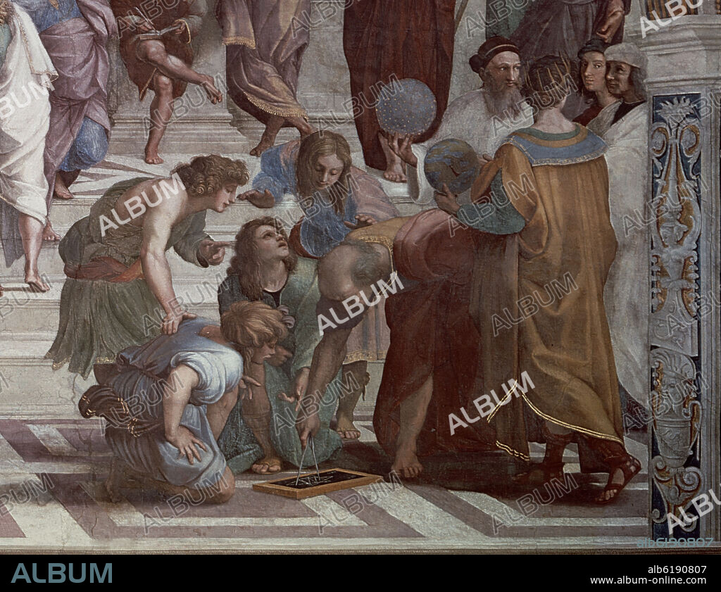 RAFAEL SANZIO O RAFAEL DE URBINO. DETALLE - ESTANCIA DE LA SIGNATURA - FRESCO DE LA ESCUELA DE ATENAS (1510-1511) - ANTES DE RESTAURAR.