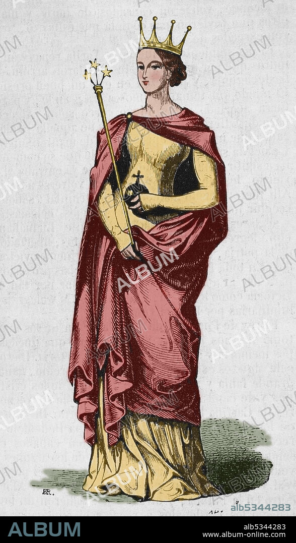 Leonor de Sicilia (1325-1375). Reina de Aragón 1349-1375). Tercera esposa del rey Pedro IV el Ceremonioso. Grabado coloreado. Historia General de España por el Padre Mariana. Madrid, 1852.
