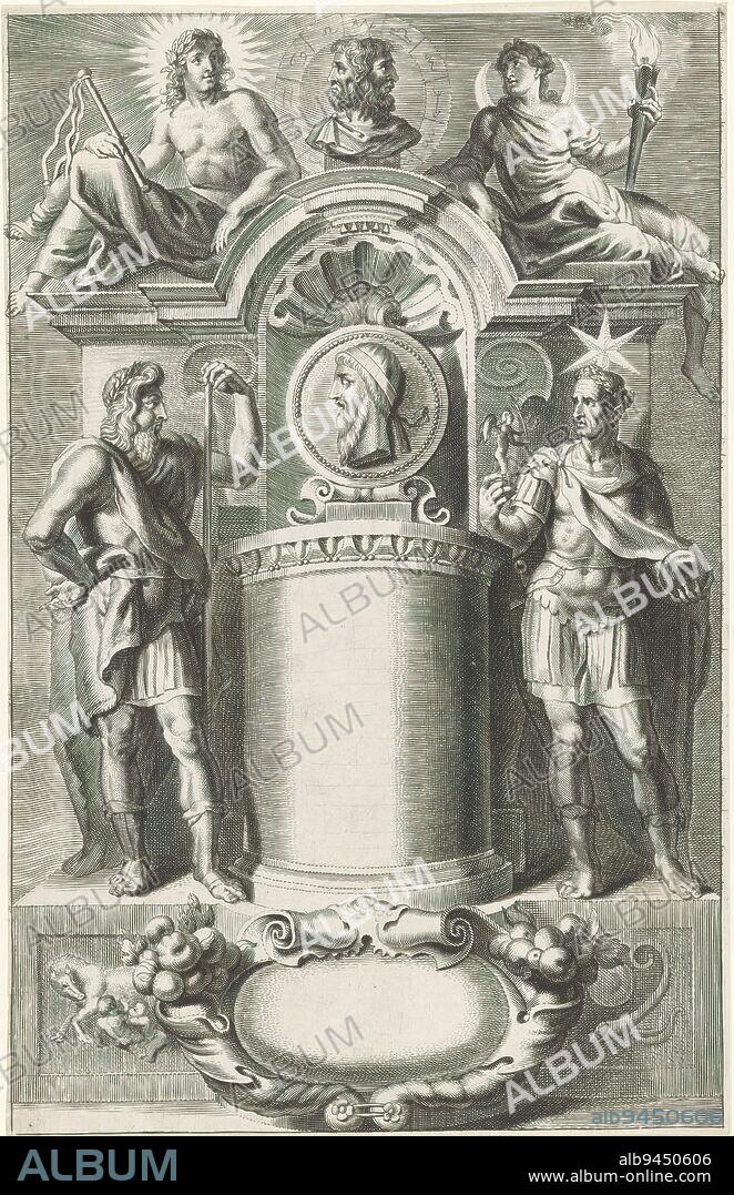 Romulus, Numa Pompilius and Julius Caesar, Pedestal with portrait medallion of Numa Pompilius. To the left of the pedestal is Romulus, to the right is Julius Caesar. At the top are personifications of day and night on either side of a Janus head. At the bottom an empty cartouche with horns of plenty., print maker: Jacob Neefs, after design by: Erasmus Quellinus (II), publisher: Balthasar Moretus (I), Antwerp, 1638, paper, engraving, height 290 mm × width 186 mm.