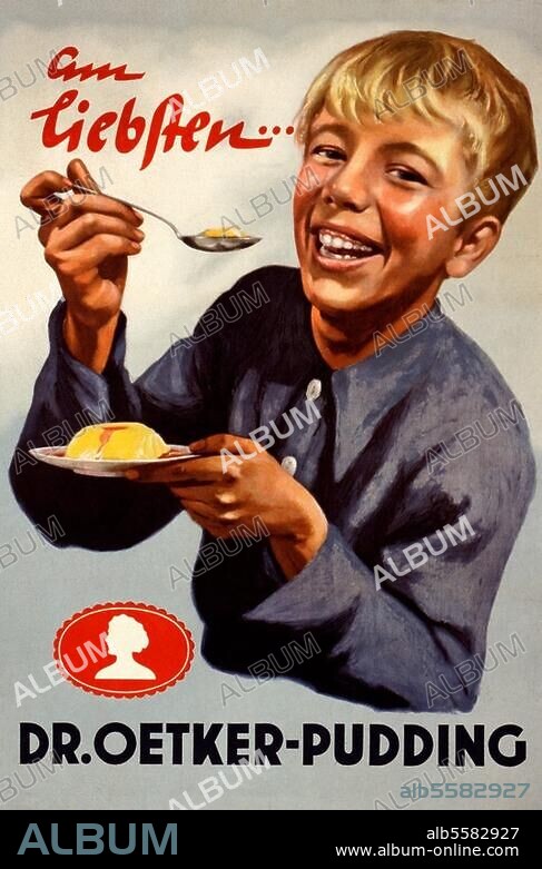 Nahrungs- und Genußmittel:. Süßspeisen. "am liebsten ... Dr. Oetker-Pudding". Werbeplakat, um 1950.