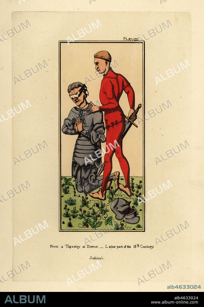 Costume of an executioner and knight in suit of plate armour, 15th century. The executioner in scarlet doublet and hose, the blindfolded knight in plate armour with decorative elbow pieces, genouillieres, and a helmet on the ground. From the tapestry in Bern after the painting The Justice of Trajan and Herkinbald by Rogier van der Weyden, 1450. Handcoloured copperplate engraving from Thomas Anthony Day and J.H. Dines' Illustrations of Mediaeval Costume in England collected from manuscripts in the British Museum, Bibliotheque Nationale de Paris, Bosworth, London, 1853.