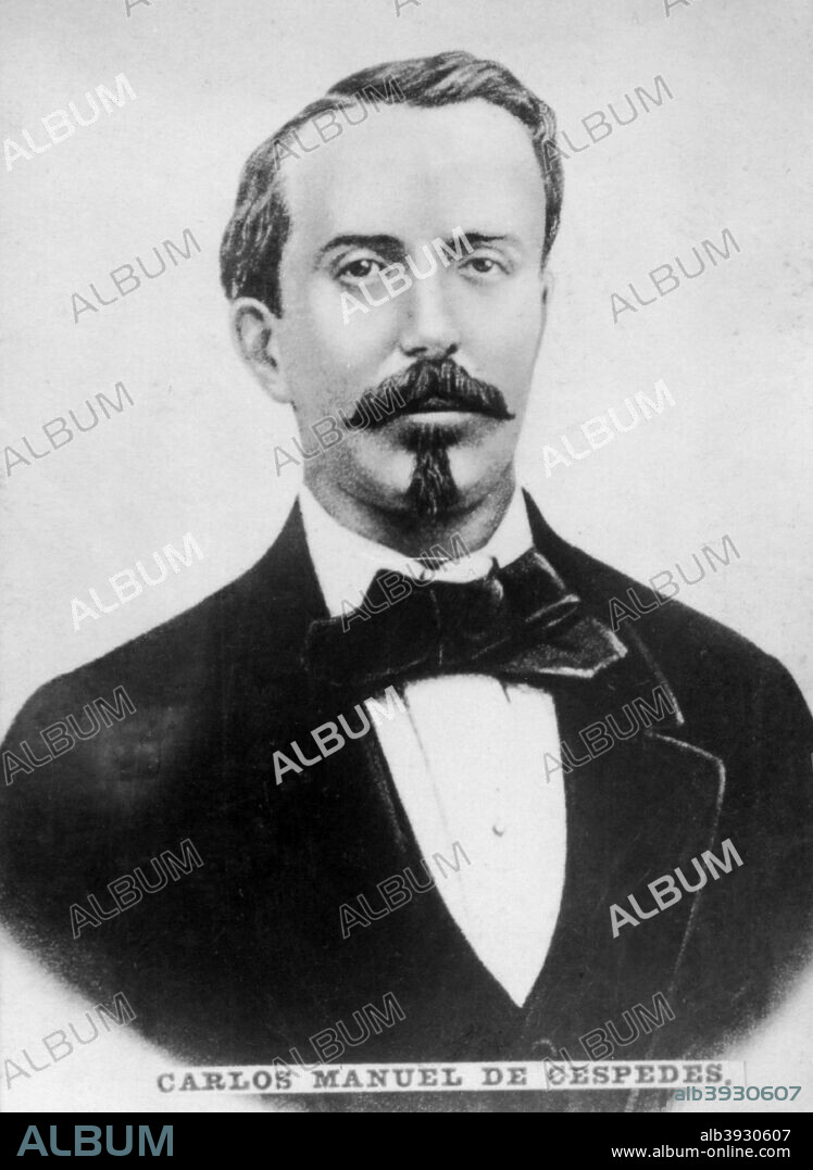 Carlos Manuel de Cespedes (1819-1874), President of the Republic of Cuba in Arms, c1910. Known as Padre de la Patria (Father of the Country) Céspedes was a Cuban planter who freed his slaves and made the declaration of Cuban independence in 1868 which started the Ten Years' War. In April 1869 he was chosen President of the Republic of Cuba in Arms. He was deposed in 1873 in a leadership coup. Spanish troops killed him in February 1874 in a mountain refuge, as the new Cuban government would not let him go into exile and denied him an escort. Cigar card from the History of Cuba,  Geografico Universal, Propaganda de los Cigarros Susini y La Corona, Tabacalera Cubana.