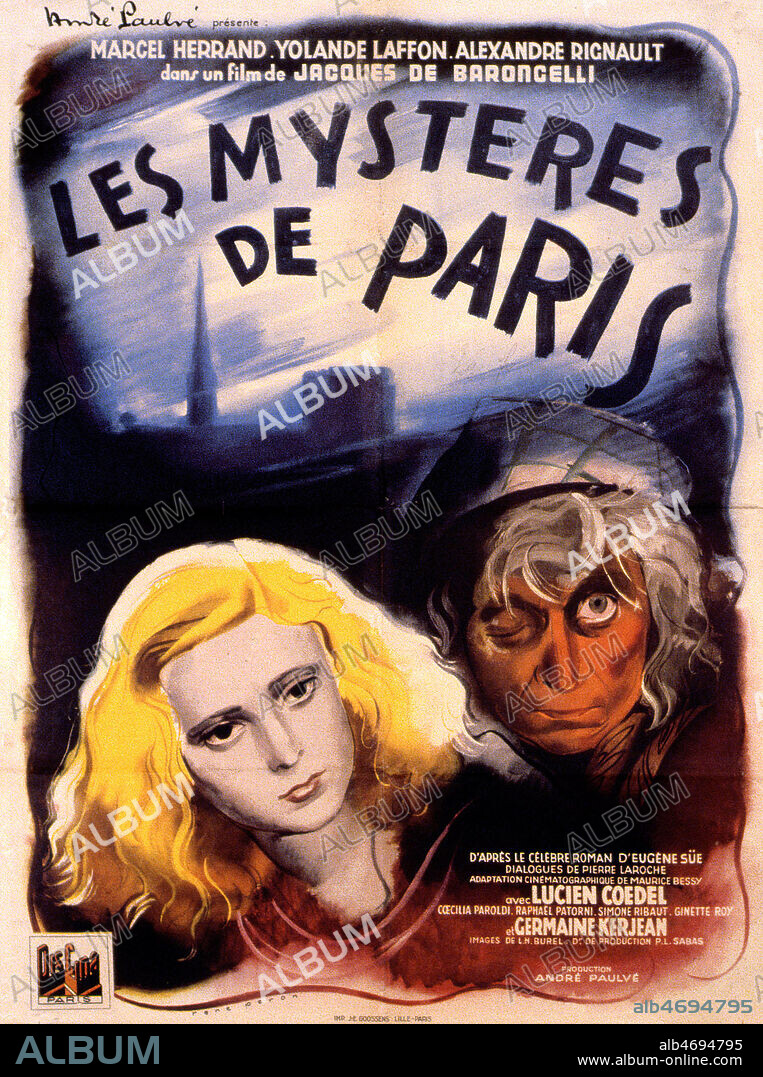 Affiche du film 'Les mysteres de Paris' realise en 1943 par Jacques de BARONCELLI (1881-1951) d'apres Eugene SUE (1804-1857) avec Marcel HERRAND (1897-1953), Alexandre RIGNAULT, Lucien COEDEL et Caecilia PAROLDI. Illustration de Rene PERON PERON RENE ( 20 S.). Credit : Coll. Perron/KHARBINE-TAPABOR.