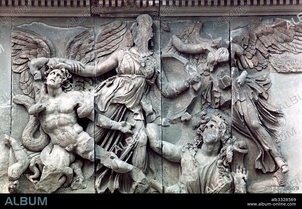 Athena group, Relief from the Pergamon Altar, reconstructed in the Pergamon Museum in Berlin. The Pergamon Altar as reconstructed in the Pergamon Museum in Berlin, a monumental construction built during the reign of Greek King Eumenes II in the first half of the 2nd century BC in the ancient Greek city of Pergamon in Asia Minor.