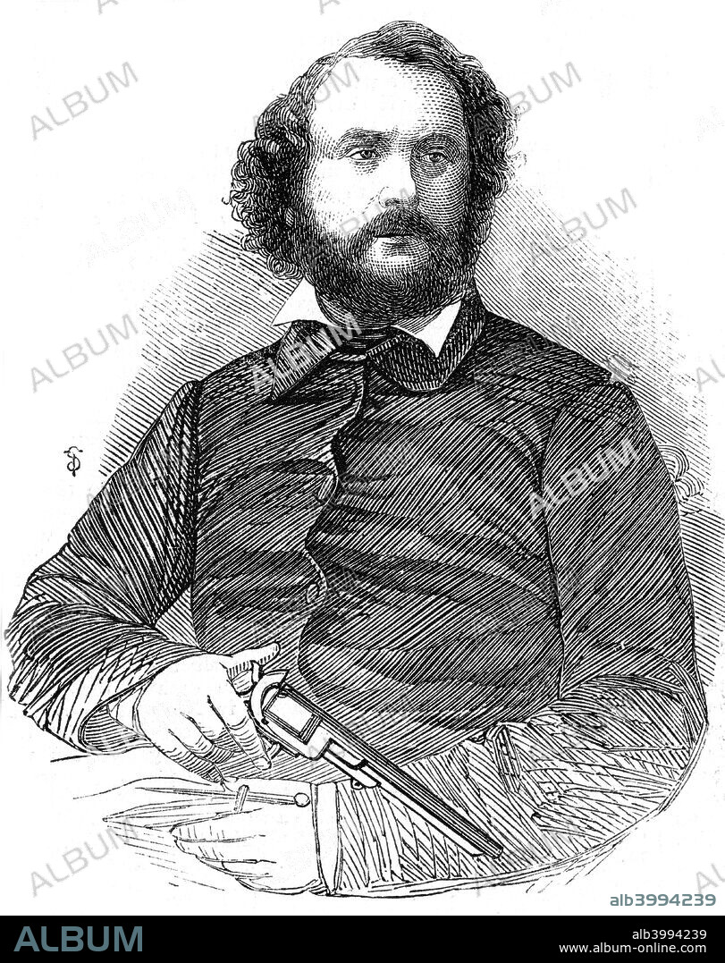 Samuel Colt (1814-1862), inventor of the Colt revolver, 1856. The American inventor and industrialist invented the weapon which, after the Mexican war of 1846-8, was adopted by the US army. From The Illustrated London News,  22 November 1856.