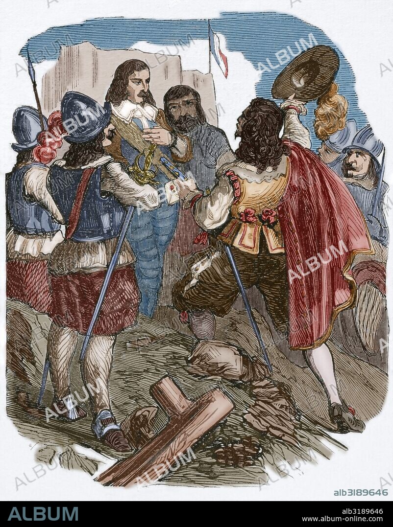 Armand-Charles de La Porte, Duc de La Meilleraye (1632-1713). French general, Grand Master and Captain General of Artillery. The General receives the marshal's baton. Engraving. 19th century. Colored.