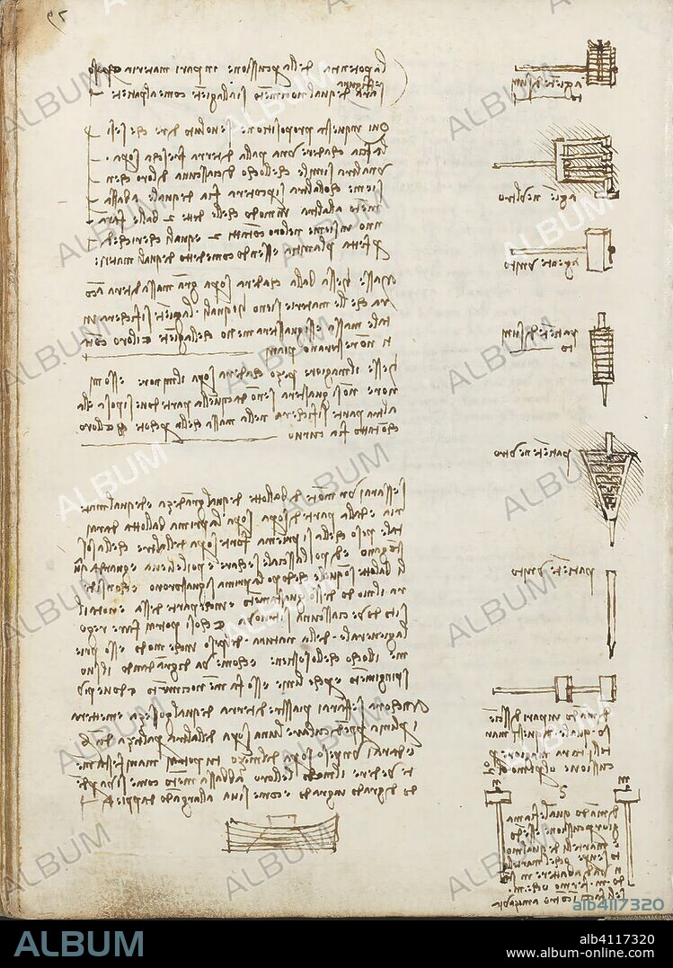 LEONARDO DA VINCI. Folio f 112v. Codex Madrid I (Ms. 8937) "Treaty of statics and mechanics", 192 folios with 384 pages. Internal format: 215 x 145 mm. APPLIED MECHANICS (MACHINES AND WITS). UNITS OF WEIGHT AND MEASURES. PRINCIPLES OF MECHANICS, CINEMATICS, DYNAMICS.