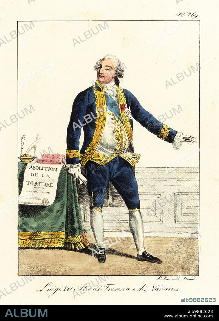 Ceremonial costume of King Louis XVI, 1754-1793, last King of France before the French Revolution. Standing next to a table with quill pens, books and a bill for the abolition of torture. Louis XVI, Roi de France et de Navarre. Handcoloured lithograph by Lorenzo Bianchi and Domenico Cuciniello after Hippolyte Lecomte from Costumi civili e militari della monarchia francese dal 1200 al 1820, Naples, 1825. Italian edition of Lecomtes Civilian and military costumes of the French monarchy from 1200 to 1820.