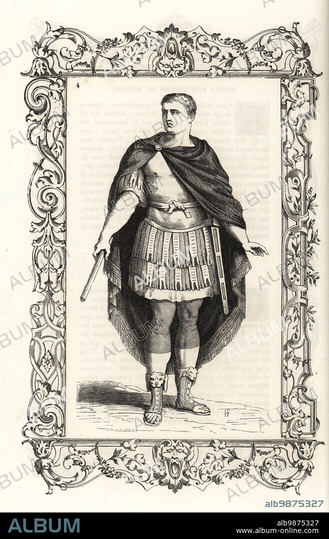 Battle costume of an ancient Roman consul or tribune. He wears a purple paludamentum cloak, armor breastplate, sword in a velvet scabbard, short trousers or sagulum gregale, sandals with lion heads. Within a decorative frame engraved by H. Catenacci and Fellmann. Woodblock engraving by Gerard Seguin and E.F. Huyot after a woodcut by Christoph Krieger from Cesare Vecellios 16th century Costumes anciens et modernes, Habiti antichi et moderni di tutto il mondo, Firman Didot Ferris Fils, Paris, 1859-1860.