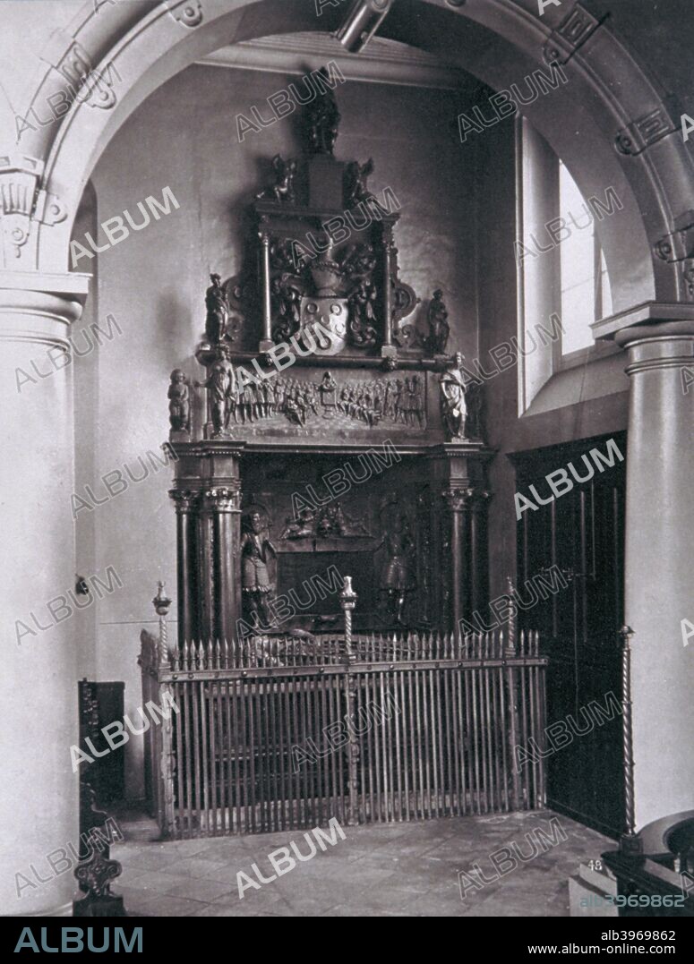 View of the tomb of Thomas Sutton, Charterhouse, Finsbury, London, 1880. Sutton (1532-1611) was the founder of the hospital at Charterhouse.