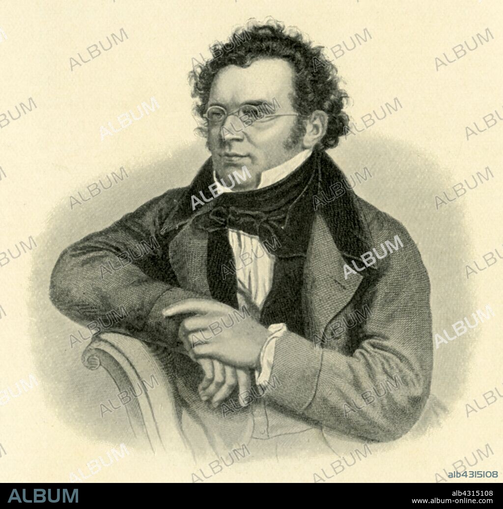 Schubert, c1820s, (1907). Portrait of Austrian composer Franz Schubert (1797-1828). After a lithograph by Josef Kriehuber in the Austrian National Library, Vienna. From "Story-Lives of Great Musicians", by F.J. Rowbotham. [Wells Gardner, Darton & Co. Ltd, London, 1907].