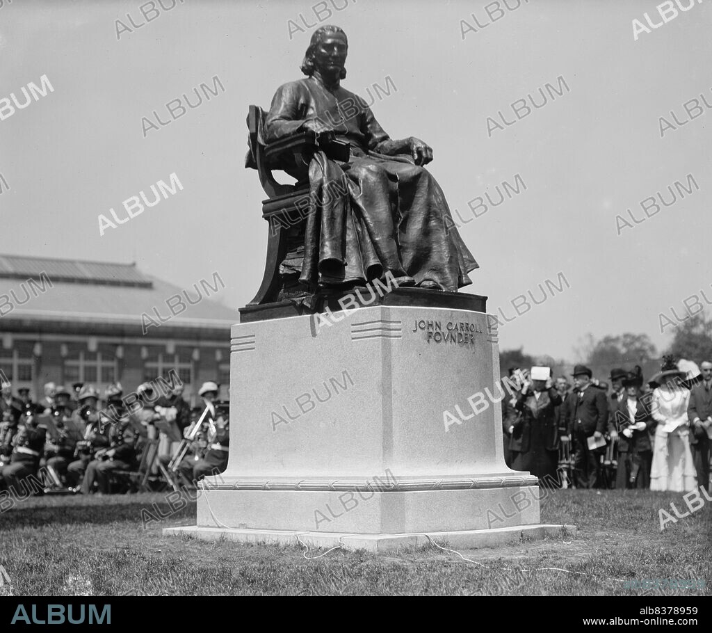 HARRIS & EWING. John Carroll - Statue At Georgetown University, Dedicated May 4, 1912, 1912 May 4. [John Carroll, archbishop of Baltimore, was the founder of Georgetown University in Washington, D.C. He was the first bishop and archbishop in the United States. The bronze sculpture by Jerome Connor was unveiled in 1912 with an elaborate three-day ceremony].