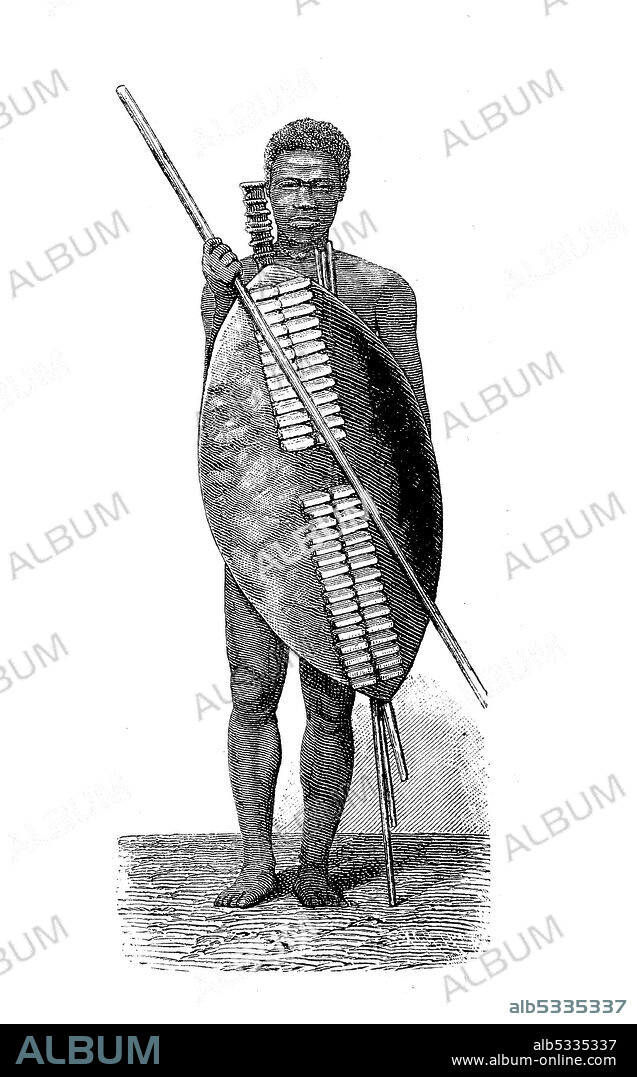 Types from the Zulu kingdom in South Africa, around 1875, an unmarried warrior  /  Typen aus dem Reich der Zulus in Südafrika, um 1875, ein unverheirateter Krieger, Historisch, historical, digital improved reproduction of an original from the 19th century / digitale Reproduktion einer Originalvorlage aus dem 19. Jahrhundert,.