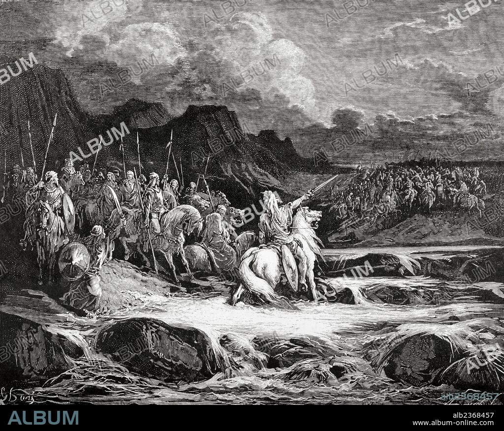 PAUL GUSTAVE DORÉ. ANTIGUO TESTAMENTO. "JUDAS MACABEO EN PERSECUCION DE TIMOTEO". Macabeos, Libro I, Cap. V. Vers. 40-44. Dibujo de G. Doré. Grabado de A. Gusmand. .