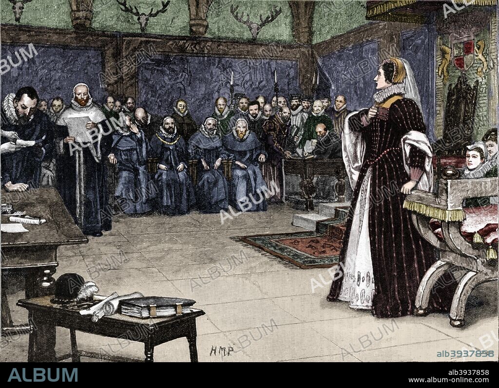 Trial of Mary Queen of Scots in Fotheringhay Castle, 1586 (1905). From Cassell's History of England, Vol. II, [Cassell and Company, Limited, London, Paris, New York & Melbourne, 1905]. (Colorised black and white print).