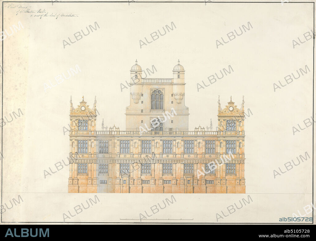 Wollaton Hall, Nottingham: Elevation, Studio of Sir Jeffry Wyatville, 17661840, British, ca. 1801, Watercolor over graphite on medium, slightly textured, white wove paper, Sheet: 15 9/16 × 21 5/8 inches (39.5 × 55 cm), architectural drawing, architectural subject, architecture, elevations (drawings), elevations, exterior, hall, plan (drawing), presentation drawings (gifts).