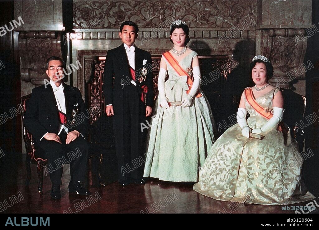 Wedding of Crown Prince Akihito and Princess Michiko 1960. Emperor Hirohito and Empress Nagako are shown with Crown prince Akihito of Japan.