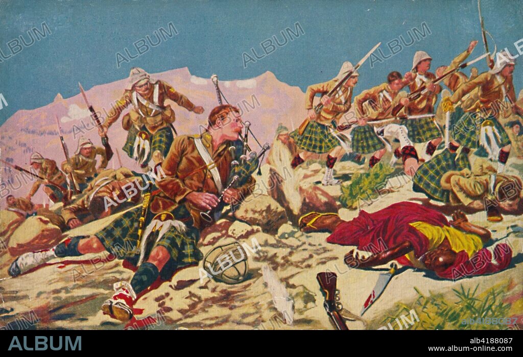 'The Gordon Highlanders. How Piper Findlater won the V.C. at Dargai', 1897, (1939). The Storming of the Dargai Heights by the 1st Gordon Highlanders and the Gurkhas, 1897. Fighting between British troops and Afridi tribesmen on the North-West Frontier (a province of British India and later of Pakistan) on 20 October 1897, during the Tirah Campaign. Four Victoria Crosses were awarded after the action. One of the recipients was piper George Findlater who continued to play to encourage his battalion's advance, despite having been wounded. From Battles for the Flag, a set of cards given away with British boys' comic The Wizard. [D. C. Thomson & Co., Dundee, 1939].