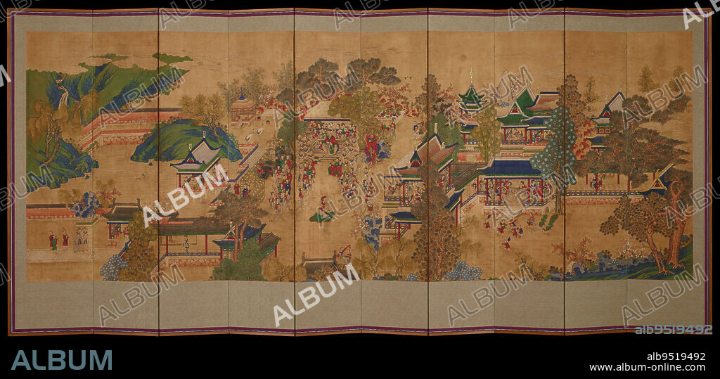 General Guo Ziyi's Banquet, mid 19th century, Unknown Korean, 77 3/4 x 132 x 5/8 in. (197.49 x 335.28 x 1.59 cm), Ink and color on silk, Korea, 19th century, This ten-panel screen portrays a festive banquet in General Guo Ziyis palace. Men in the left half play boardgames and engage in other leisurely activities, while women tend to children. The stately patriach sits at the center, surrounded by his family and servants, enjoying a dance performance. Guo was a Chinese general who saved the Tang dynasty (618-907) from a series of internal rebellions and foreign invasions in the 700s. In Korea, General Guo became an ideal for the elites not only for his military accomplishments and loyalty to the state but also for his large family, which included several sons who served in the military.