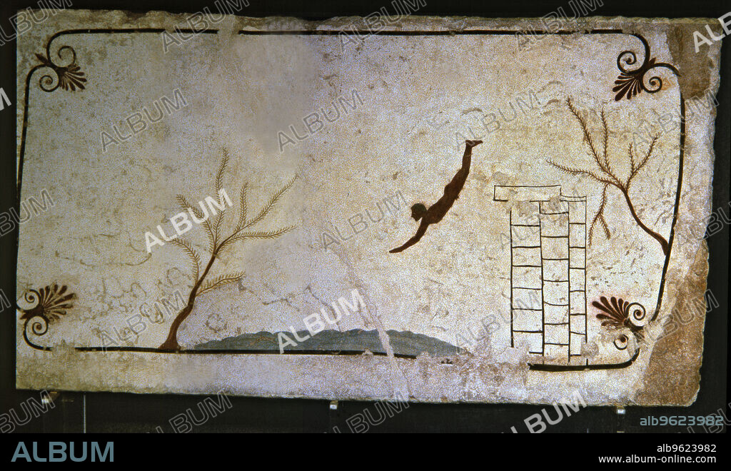 Painting showing a man jumping off a springboard at the Tomb of Jumper, Greek painting italic-influenced.