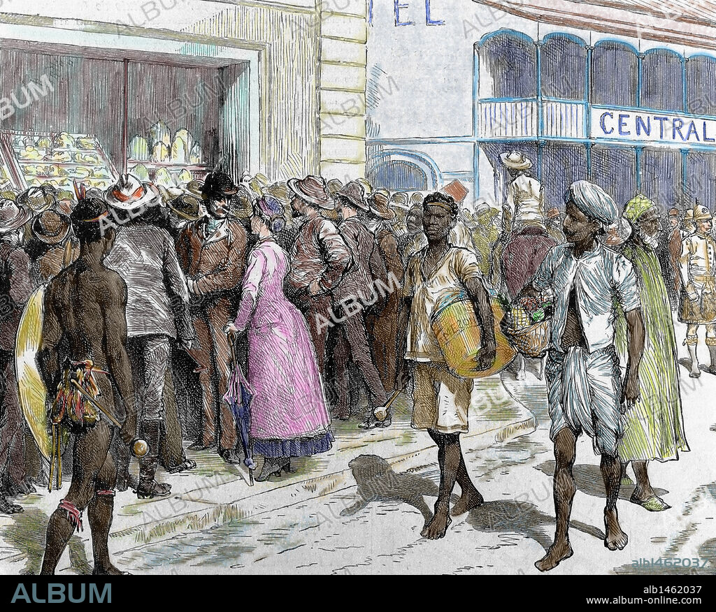 GODEFROY DURAND. Exhibition of native gold nuggets, proceeding from the mines discovered on the banks of the river Kaap (province of Natal). Durban. South Africa. Colored engraving of "The Spanish and American Illustration"  (1886).