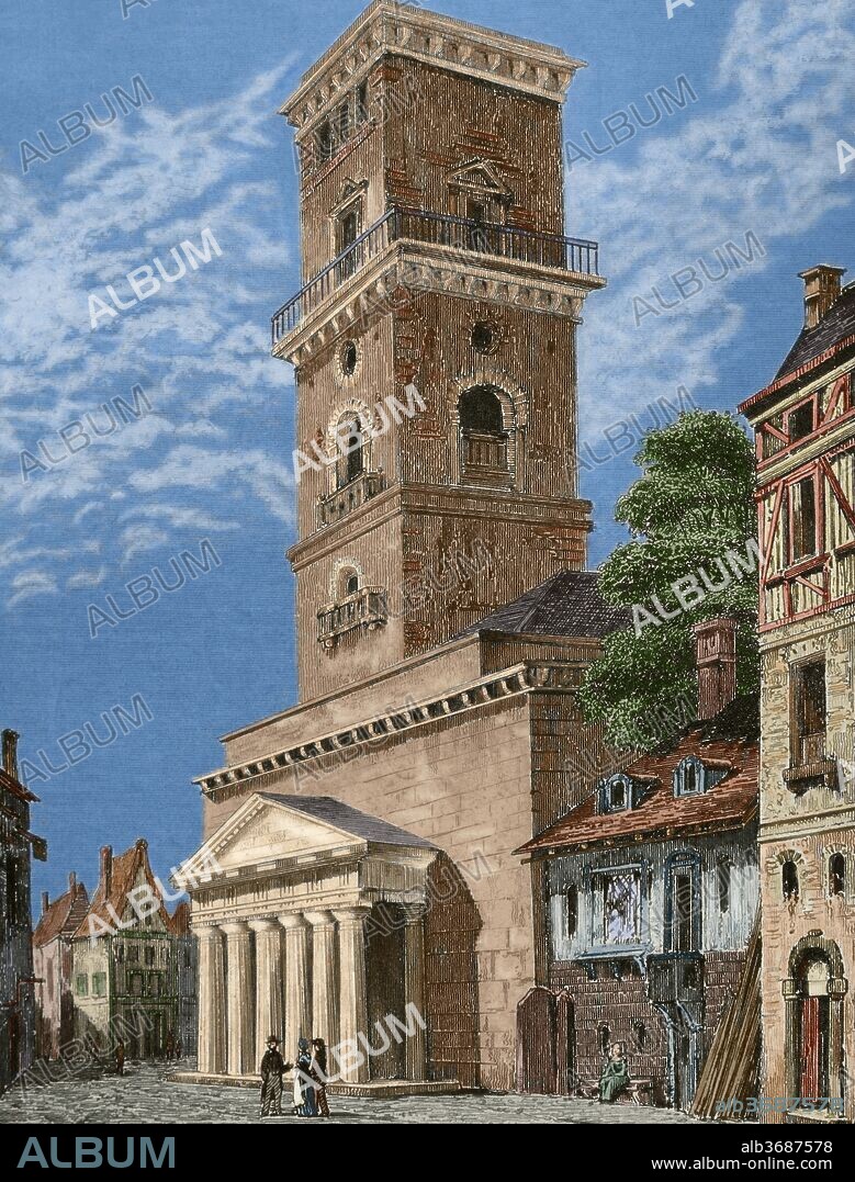 Dinamarca. Copenhague. Catedral de Nuestra Señora. Fue bautizada en 1209. Sufrió diferentes incendios con el paso de los siglos, como el provocado por los ingleses en el siglo XIX. C. F. Hansen la reconstruyó en estilo neoclasicista. Grabado del año 1846. Coloreado.