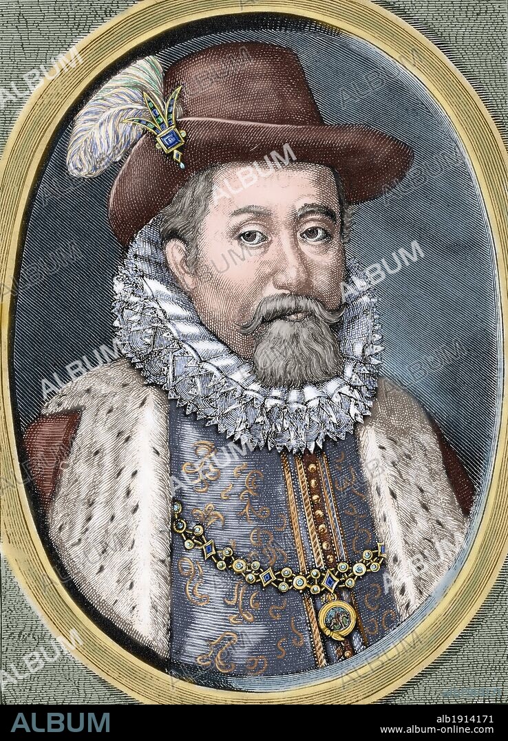 JACOBO I (Edimburgo, 1566-Theobalds Park, 1625). Rey de Inglaterra, de Irlanda (1603-1625) y de Escocia (1567-1625), hijo de María Estuardo y del barón Darnley. Grabado coloreado.