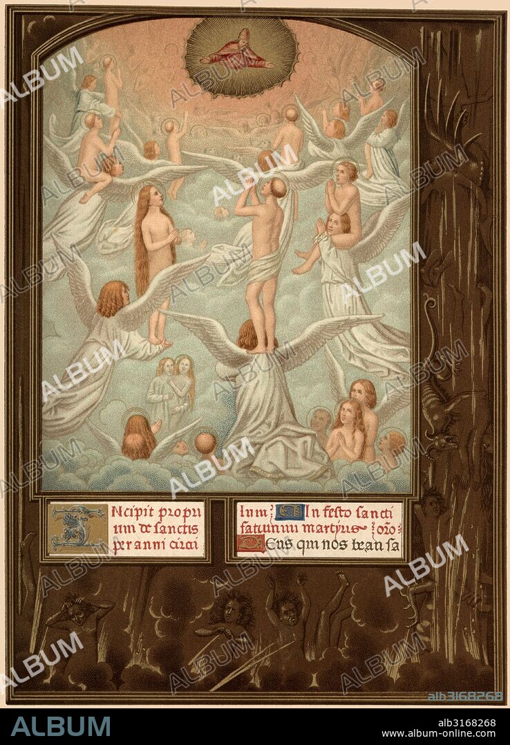 Los ángeles presentan a Dios las almas de los nuevos elegidos. Miniatura del siglo XV. Biblioteca de San Marcos, Venecia. Facsímil de 1877.