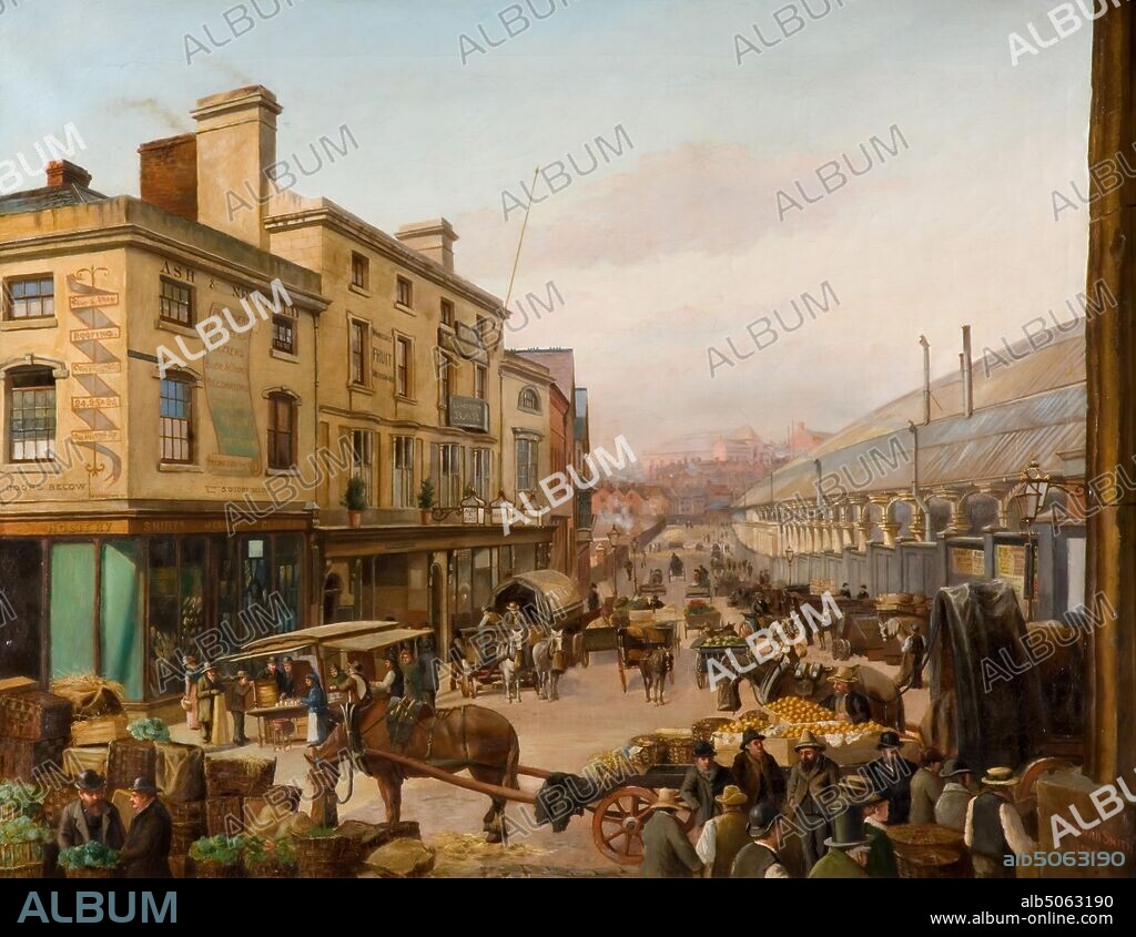 Worcester Street, Birmingham, 1883 A Freeman Smith, View of New Street Station with Worcester Street to the left. This is a view of New Street Station in central Birmingham in the 1880s. The long glass roof of the station can be seen on the right hand side. Just visible on the far right is the corner of the old Bull Ring Market Hall. This picture was probably painted a market day as wagons can be seen bringing produce to the markets. New Street Station opened on 1 June 1854. During World War II the station suffered considerable bomb damage. The station was rebuilt in the 1960's, completed in 1967 and since then has been completely redeveloped, officially opening in 2015., 19th Century, Oil Painting, Topographical Views, Animal, Horse, Marketplace, Birmingham history, Street scene, Architecture, House, Station, Transport, Train.