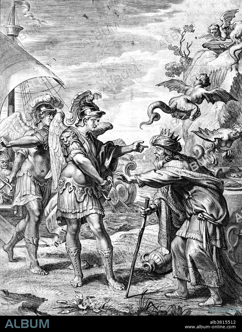 The winged argonauts, Calais and Zetes, come to deliver Phineas from the Harpies. Phineas, a king of Thrace, had the gift of prophecy. Zeus, angry that Phineas revealed too much, punished him by blinding him and putting him on an island with a buffet of food which he could never eat. The harpies always arrived to steal the food out of his hands before he could satisfy his hunger, and befouled the remains of his food. This continued until the arrival of Jason and the Argonauts. In earlier versions of Greek myth, Harpies were described as beautiful, winged maidens. Later they became winged monsters with the face of an ugly old woman and equipped with crooked, sharp talons. The literal meaning of the word seems to be "that which snatches". They were vicious, cruel and violent. They were agents of punishment who abducted people and tortured them. They lived on the islands of the Strophades. They were usually seen as the personifications of the destructive nature of wind: Aello (storm swift), Celaeno (the dark) and Ocypete (the swift wing).